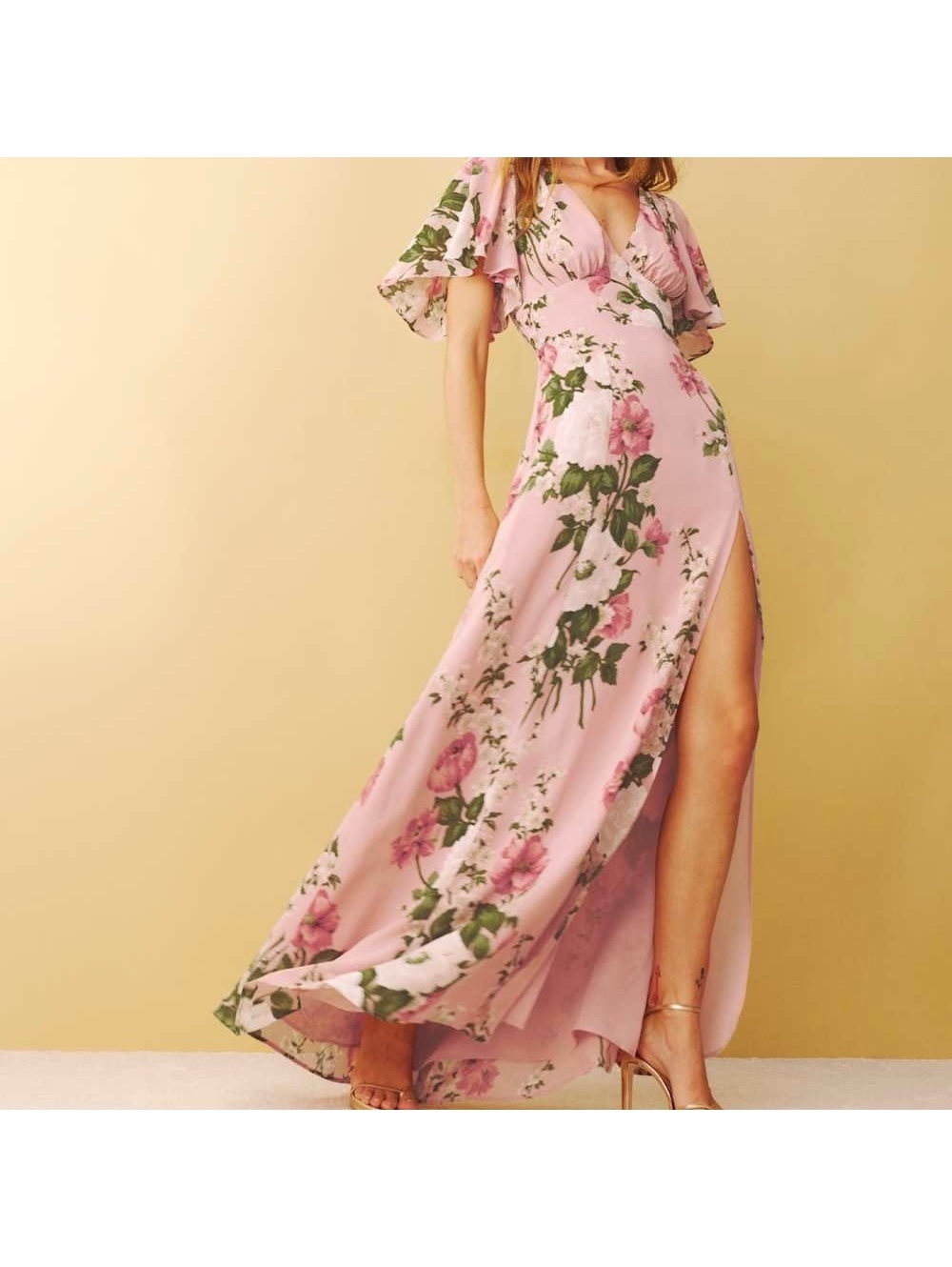 Reformation Shayla Pink Flutter Sleeve Floral Maxi Slit Dress Size 8